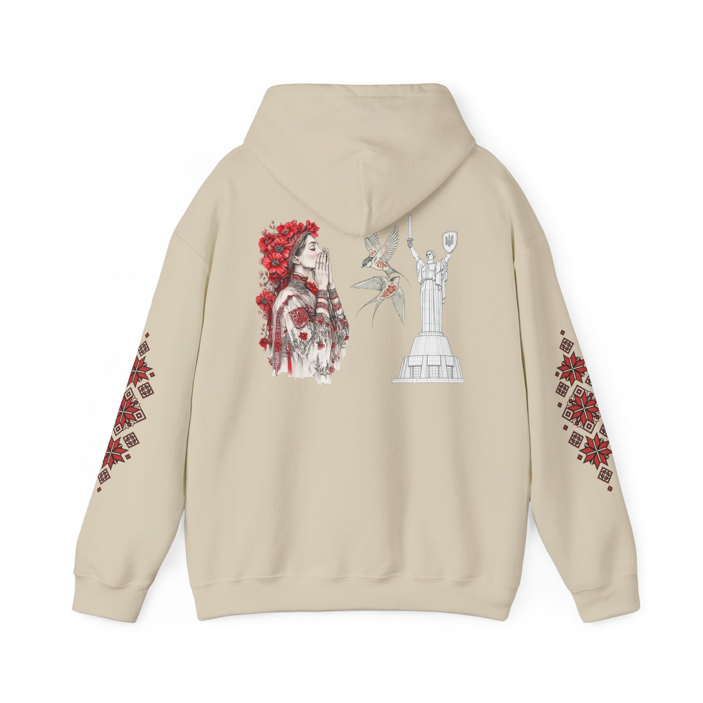 Ukrainian Pride Hoodie — Vyshyvanka Floral Sleeve & Independence Monument Design
