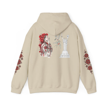 Ukrainian Pride Hoodie — Vyshyvanka Floral Sleeve & Independence Monument Design