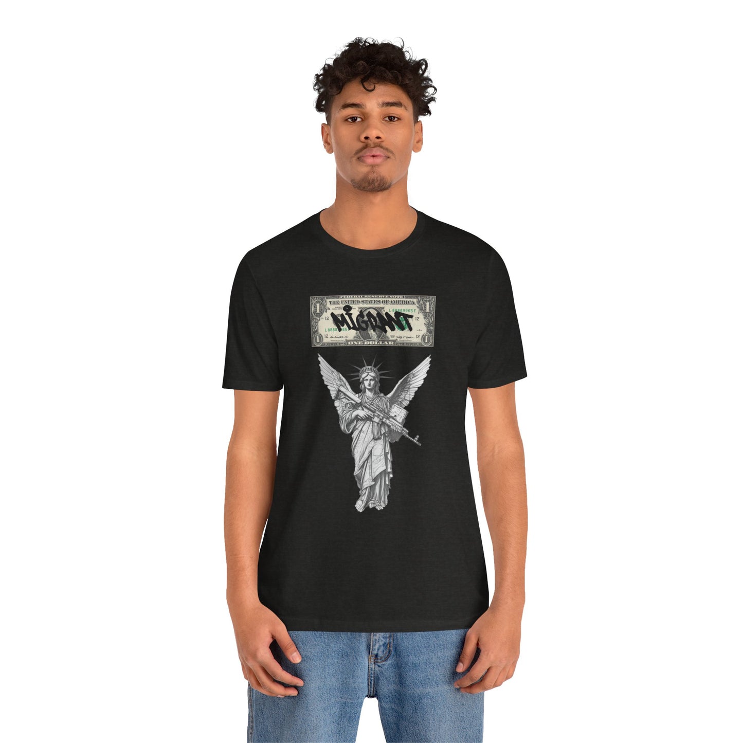 Statue of Liberty Angel Tee — 'MIGRANTS' Dollar Graphic Short Sleeve