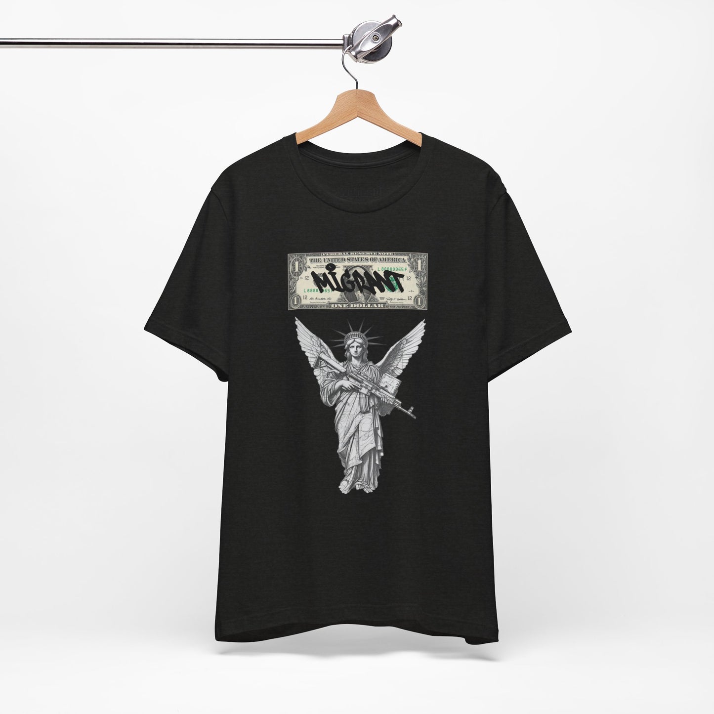 Statue of Liberty Angel Tee — 'MIGRANTS' Dollar Graphic Short Sleeve