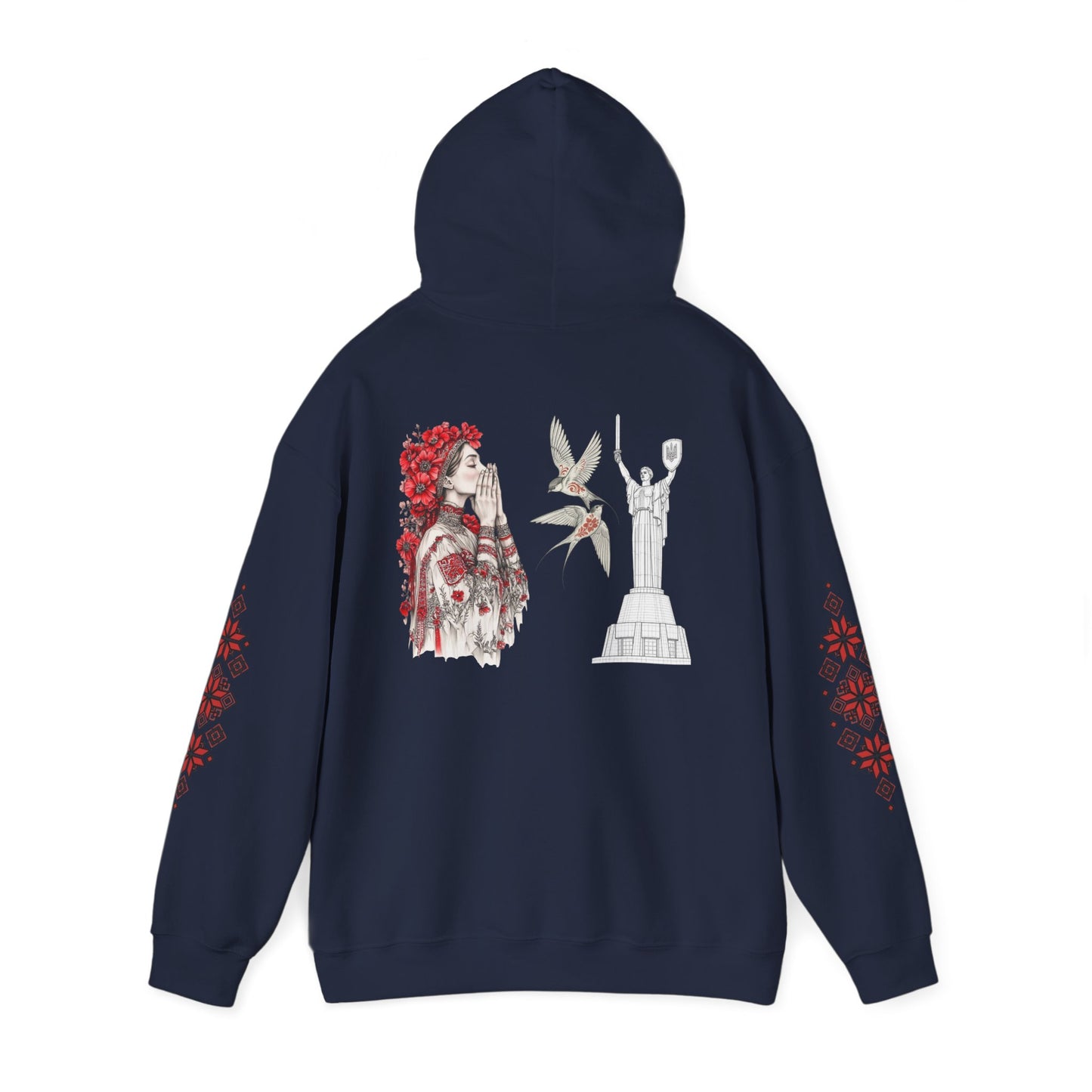 Ukrainian Pride Hoodie — Vyshyvanka Floral Sleeve & Independence Monument Design
