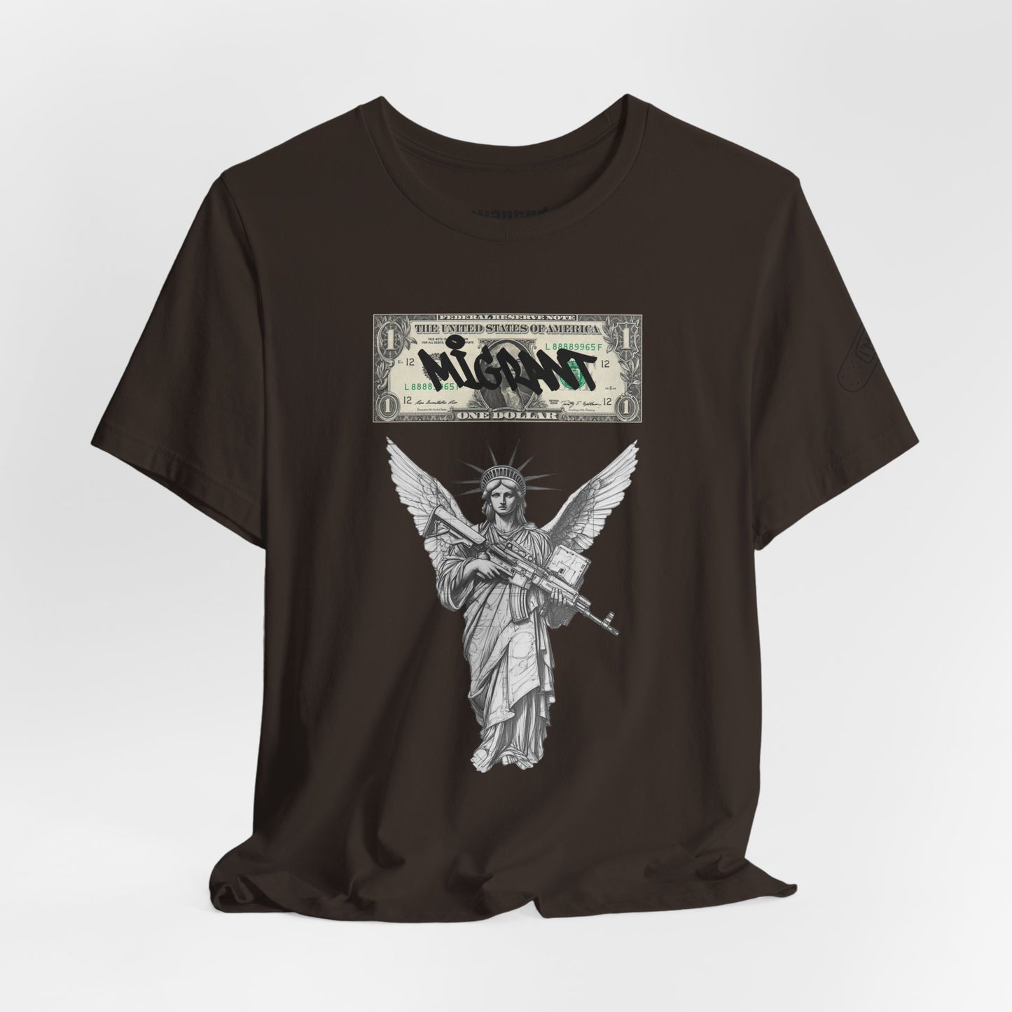 Statue of Liberty Angel Tee — 'MIGRANTS' Dollar Graphic Short Sleeve