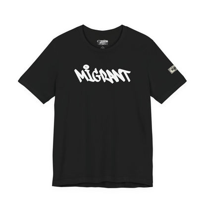 T-Shirt — 'Migrant' Graffiti Urban Photo Tee (Back: 'Where's The Smiles Not Dead')