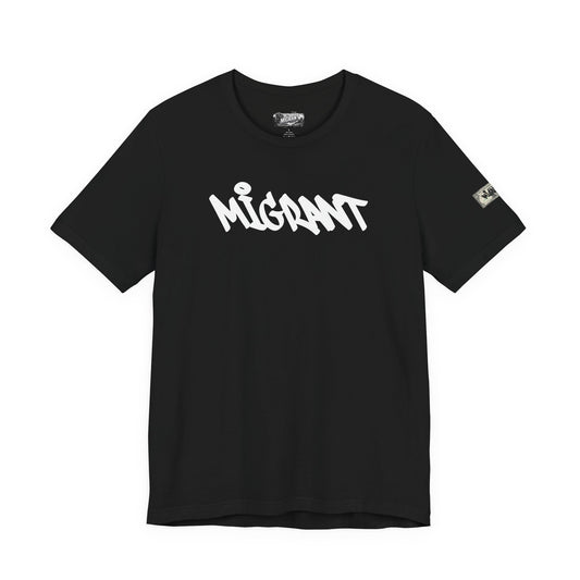 T-Shirt — 'Migrant' Graffiti Urban Photo Tee (Back: 'Where's The Smiles Not Dead')