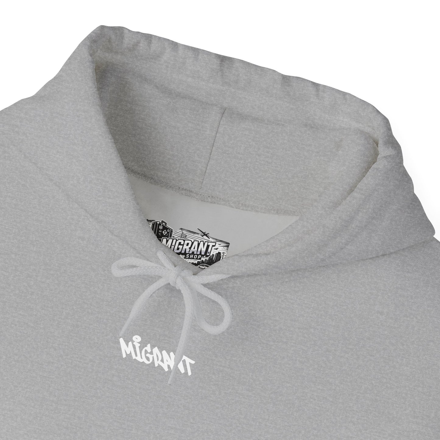 Hoodie • Circular 'Mugman Shop' Collage Logo Back — Minimal Chest Script