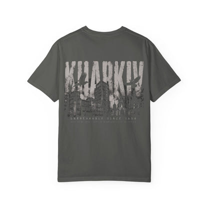 Kharkiv Cityscape T-Shirt — Vintage Garment-Dyed Tee with Skyline Backprint