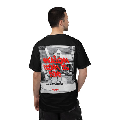 Graphic T‑Shirt — Vintage Photo Back with Red Graffiti "Religion Divides Us"