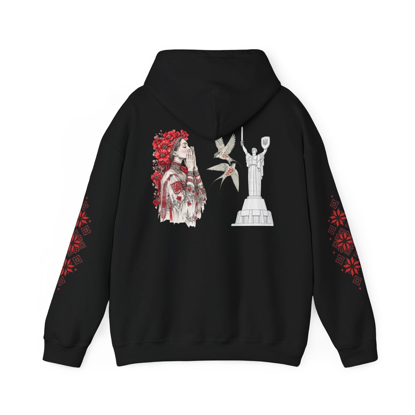 Ukrainian Pride Hoodie — Vyshyvanka Floral Sleeve & Independence Monument Design