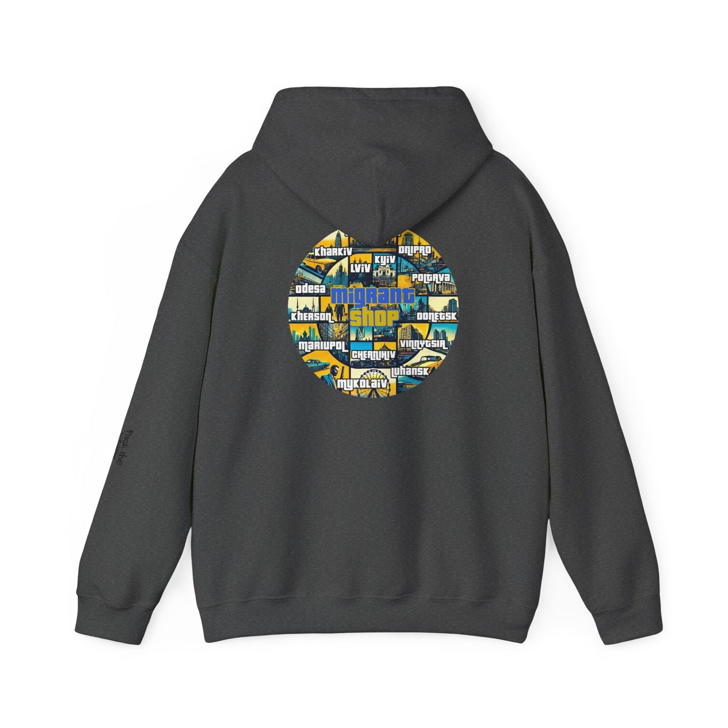 Hoodie • Circular 'Mugman Shop' Collage Logo Back — Minimal Chest Script