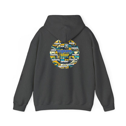 Hoodie • Circular 'Mugman Shop' Collage Logo Back — Minimal Chest Script