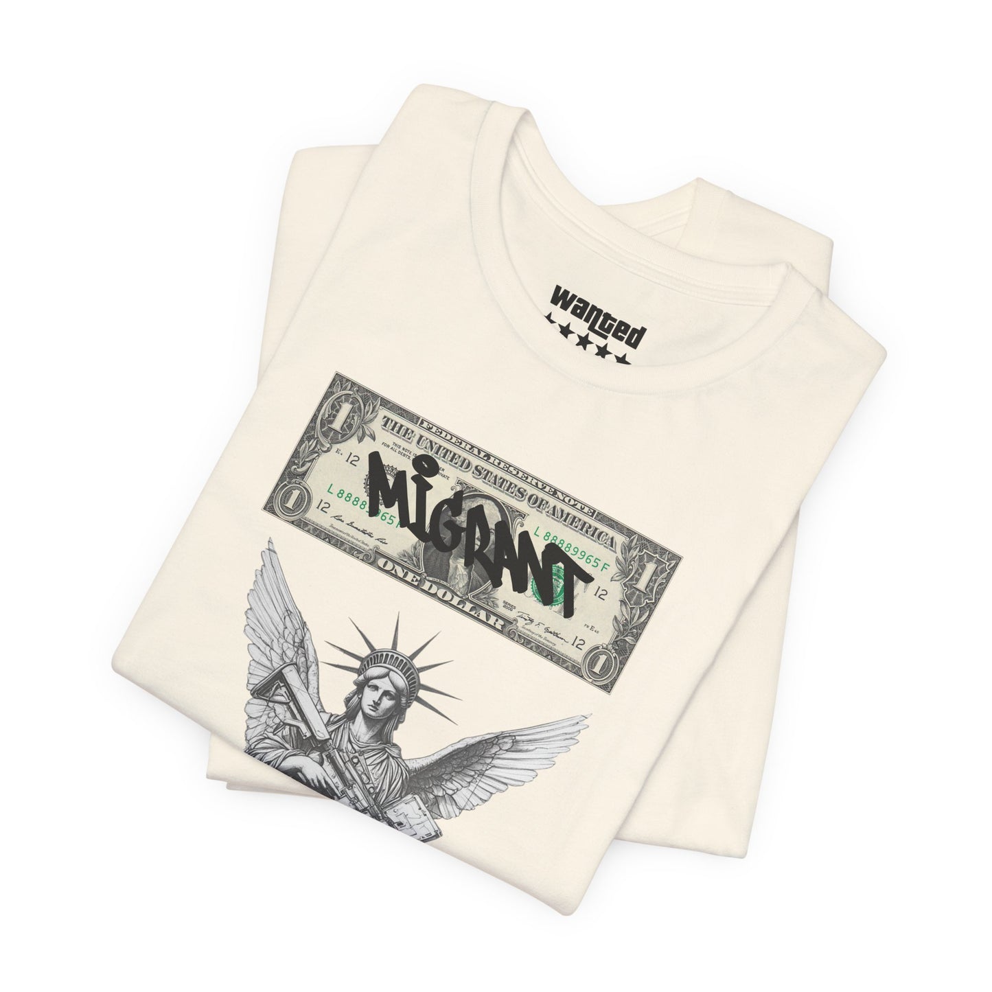 Statue of Liberty Angel Tee — 'MIGRANTS' Dollar Graphic Short Sleeve