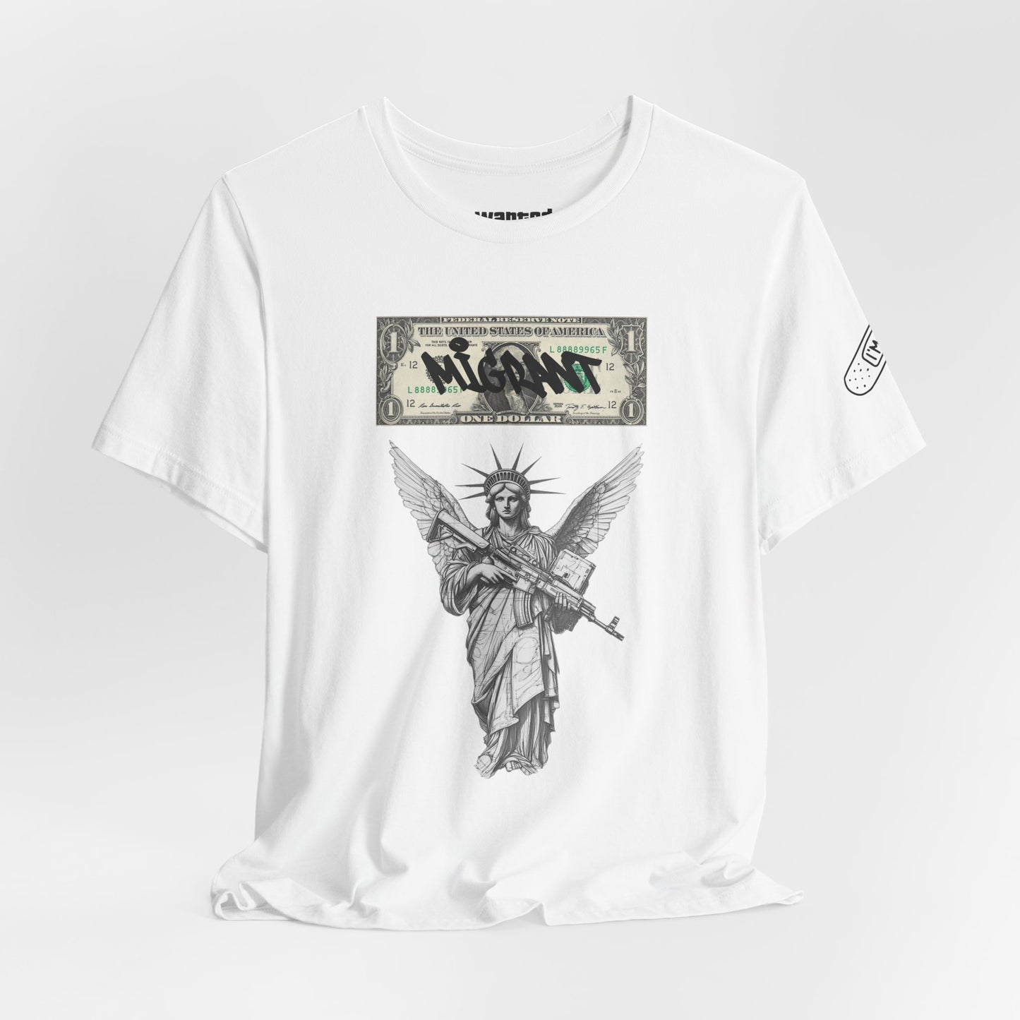 Statue of Liberty Angel Tee — 'MIGRANTS' Dollar Graphic Short Sleeve