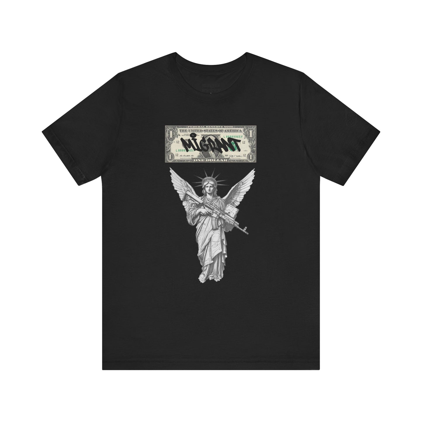 Statue of Liberty Angel Tee — 'MIGRANTS' Dollar Graphic Short Sleeve