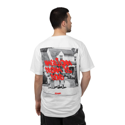 Graphic T‑Shirt — Vintage Photo Back with Red Graffiti "Religion Divides Us"