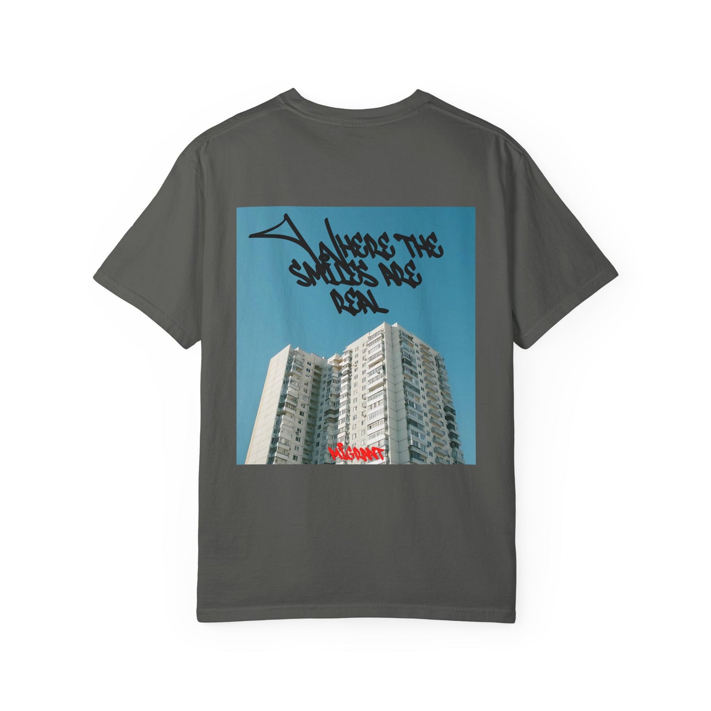Photo Backprint T‑Shirt — Urban Graffiti 'Across the Skies Not Real' Streetwear