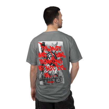 T-Shirt — Statue of Liberty Graphic Tee with Red Script "I'm Not Worried" Back Print