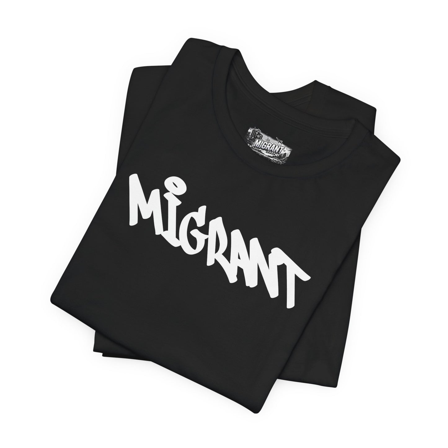 T-Shirt — 'Migrant' Graffiti Urban Photo Tee (Back: 'Where's The Smiles Not Dead')