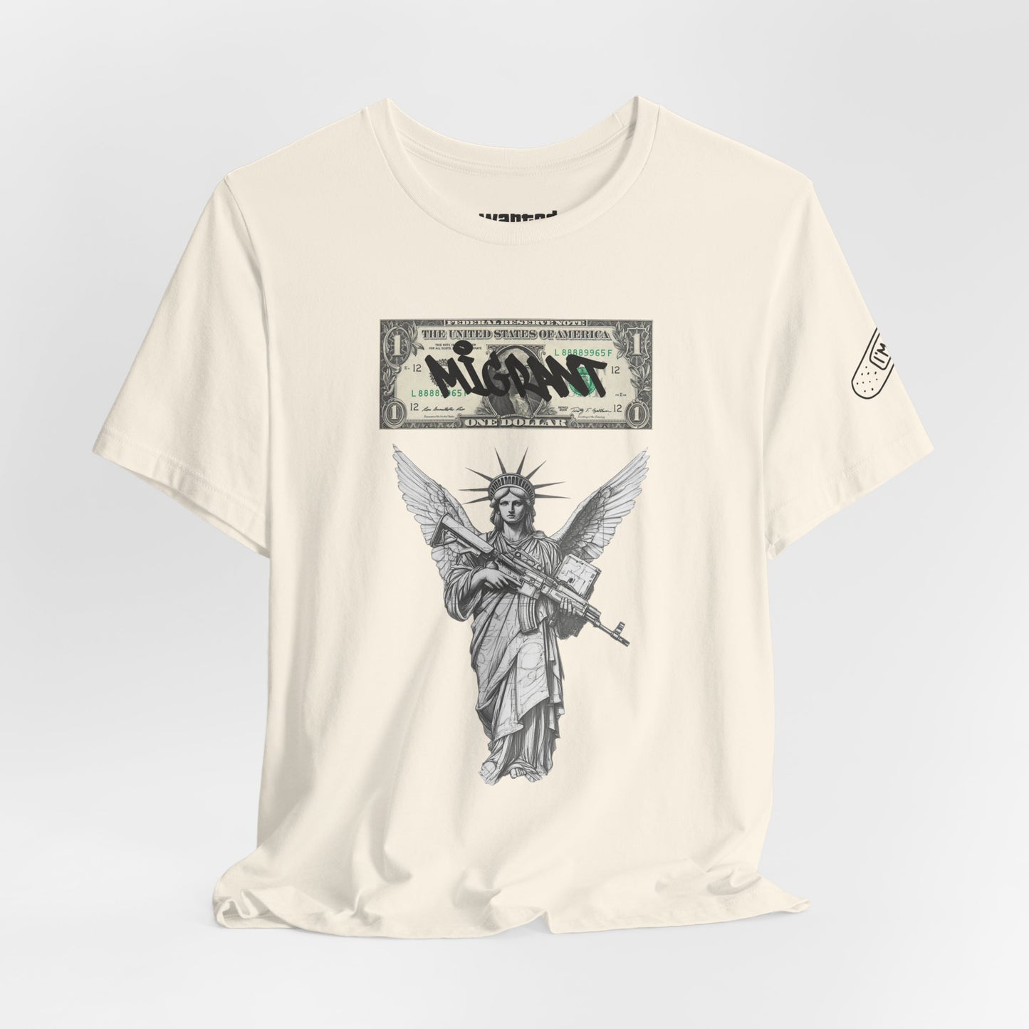Statue of Liberty Angel Tee — 'MIGRANTS' Dollar Graphic Short Sleeve