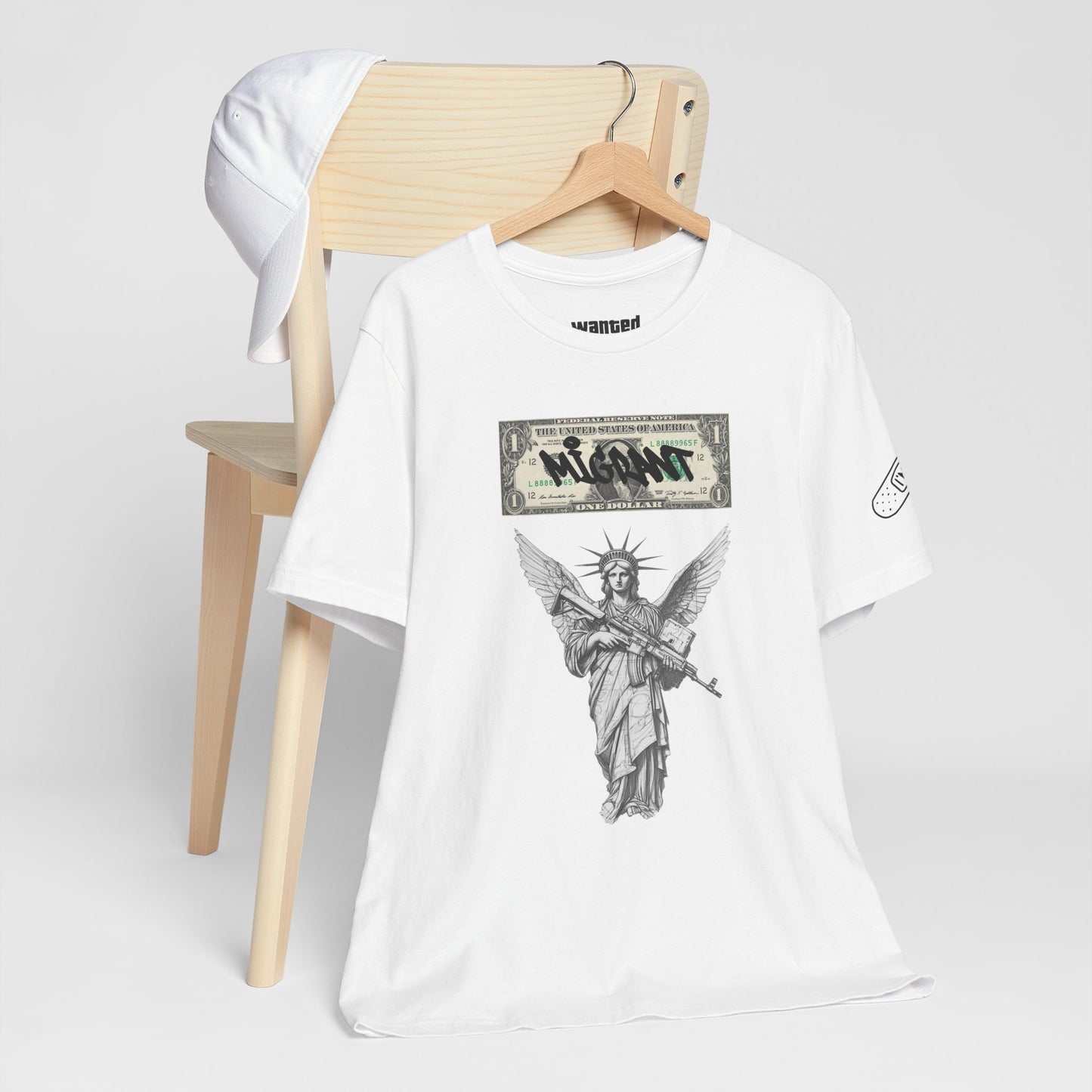 Statue of Liberty Angel Tee — 'MIGRANTS' Dollar Graphic Short Sleeve