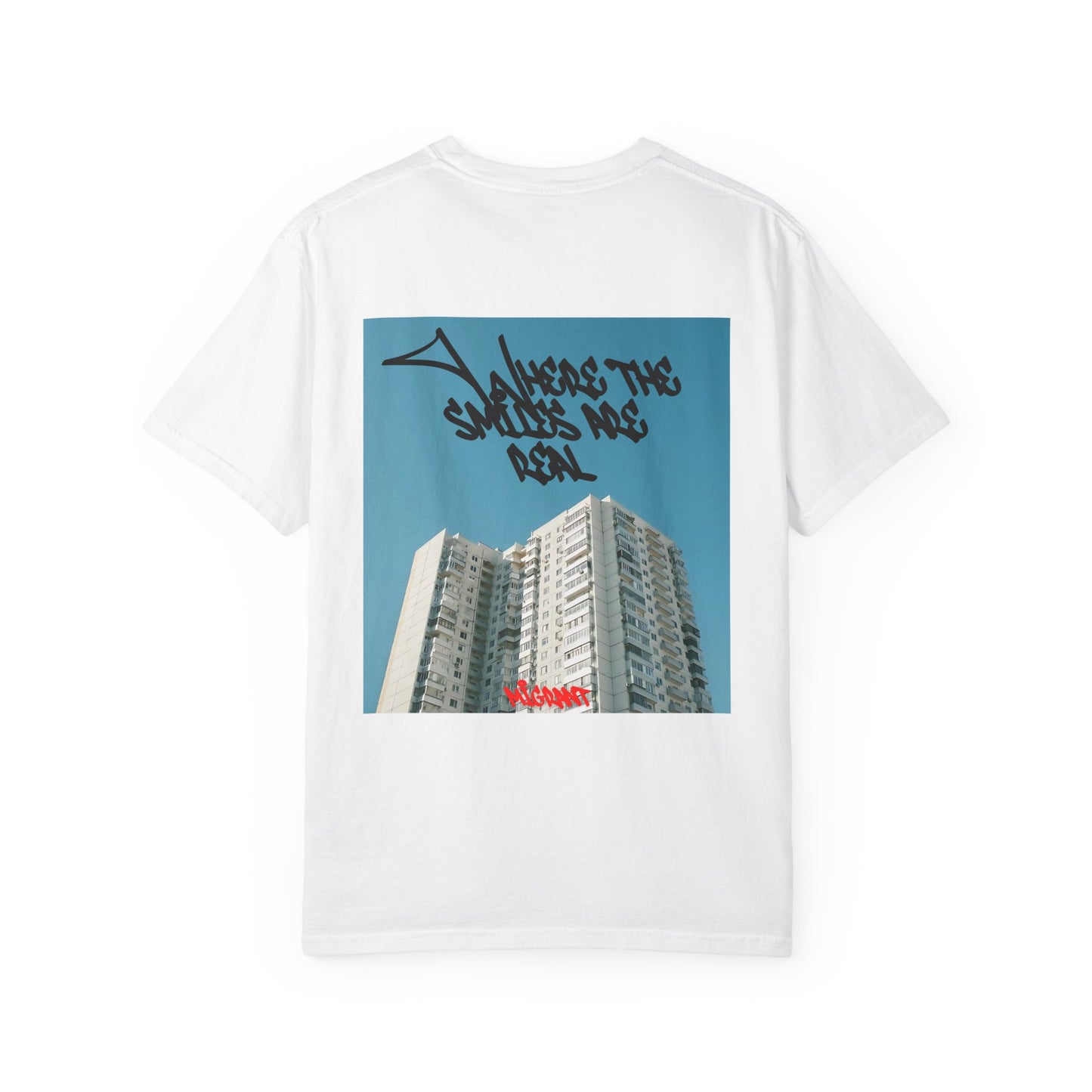 Photo Backprint T‑Shirt — Urban Graffiti 'Across the Skies Not Real' Streetwear