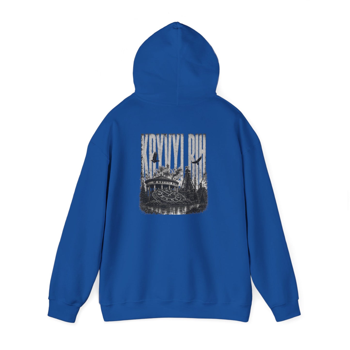 Hoodie — "Kryvyi Rih" Memorial Black Pullover with Cityscape Back Print