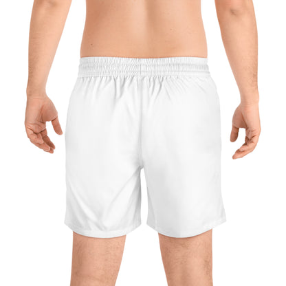 Money Patch Swim Shorts — Mens Mid-Length Beach Trunks with Retro Emblem