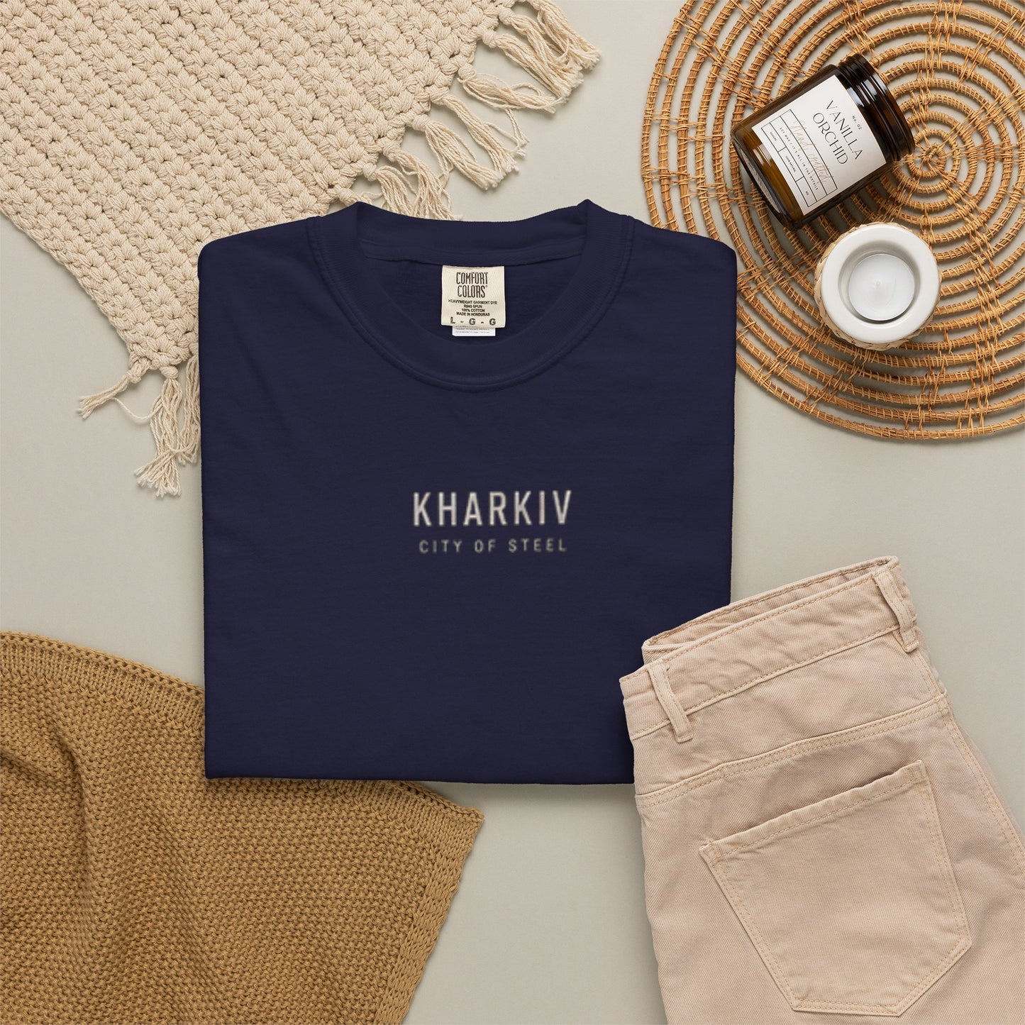 Kharkiv Cityscape T-Shirt — Vintage Garment-Dyed Tee with Skyline Backprint