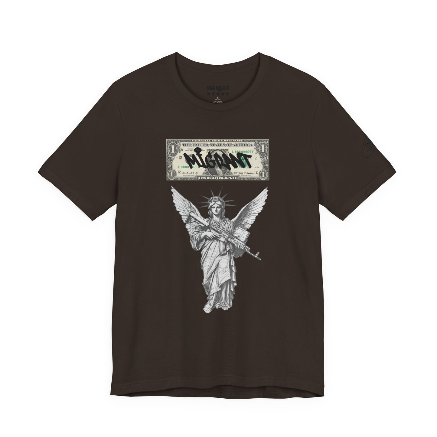 Statue of Liberty Angel Tee — 'MIGRANTS' Dollar Graphic Short Sleeve
