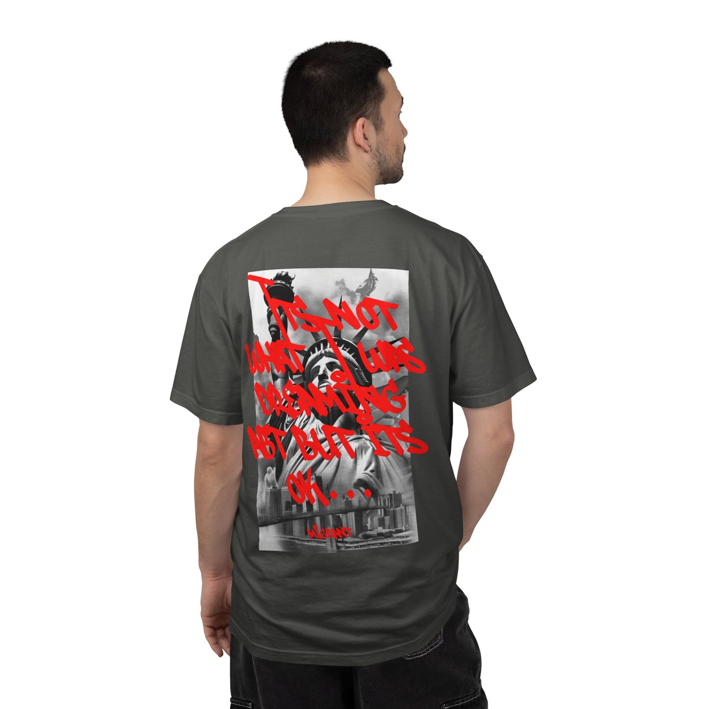 T-Shirt — Statue of Liberty Graphic Tee with Red Script "I'm Not Worried" Back Print