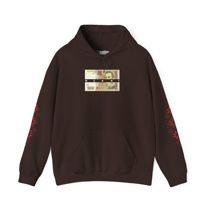 Ukrainian Pride Hoodie — Vyshyvanka Floral Sleeve & Independence Monument Design