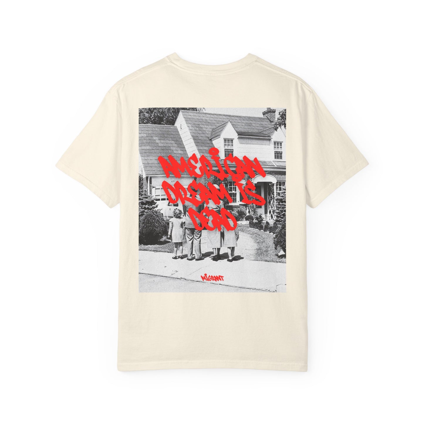 Graphic T‑Shirt — Vintage Photo Back with Red Graffiti "Religion Divides Us"
