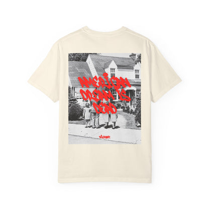 Graphic T‑Shirt — Vintage Photo Back with Red Graffiti "Religion Divides Us"
