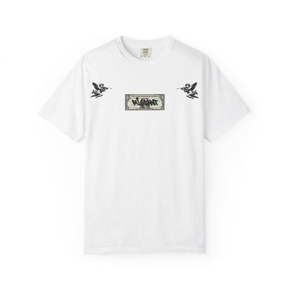 Graphic T‑Shirt — Vintage Photo Back with Red Graffiti "Religion Divides Us"