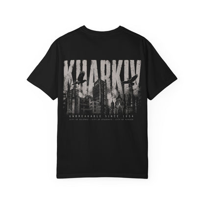 Kharkiv Cityscape T-Shirt — Vintage Garment-Dyed Tee with Skyline Backprint
