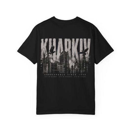 Kharkiv Cityscape T-Shirt — Vintage Garment-Dyed Tee with Skyline Backprint