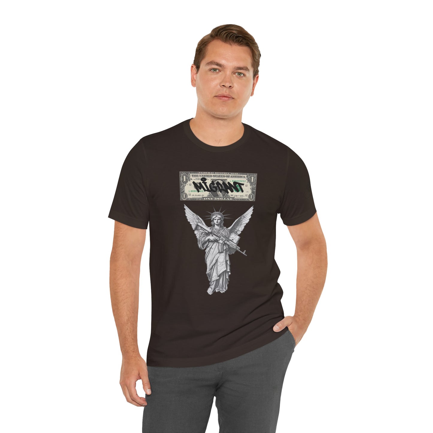 Statue of Liberty Angel Tee — 'MIGRANTS' Dollar Graphic Short Sleeve