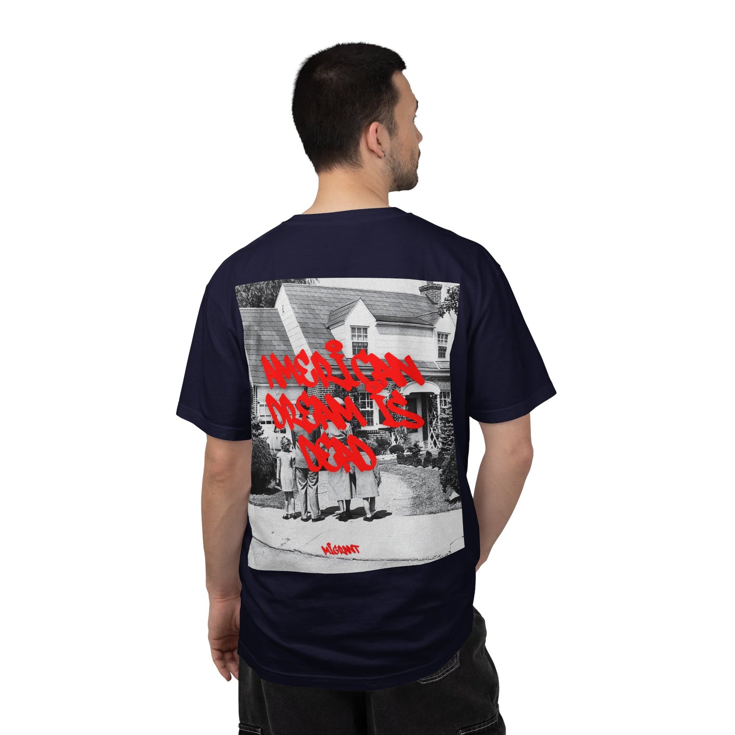 Graphic T‑Shirt — Vintage Photo Back with Red Graffiti "Religion Divides Us"