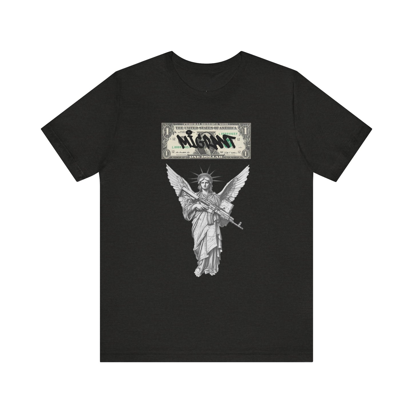 Statue of Liberty Angel Tee — 'MIGRANTS' Dollar Graphic Short Sleeve
