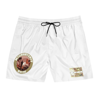 Money Patch Swim Shorts — Mens Mid-Length Beach Trunks with Retro Emblem