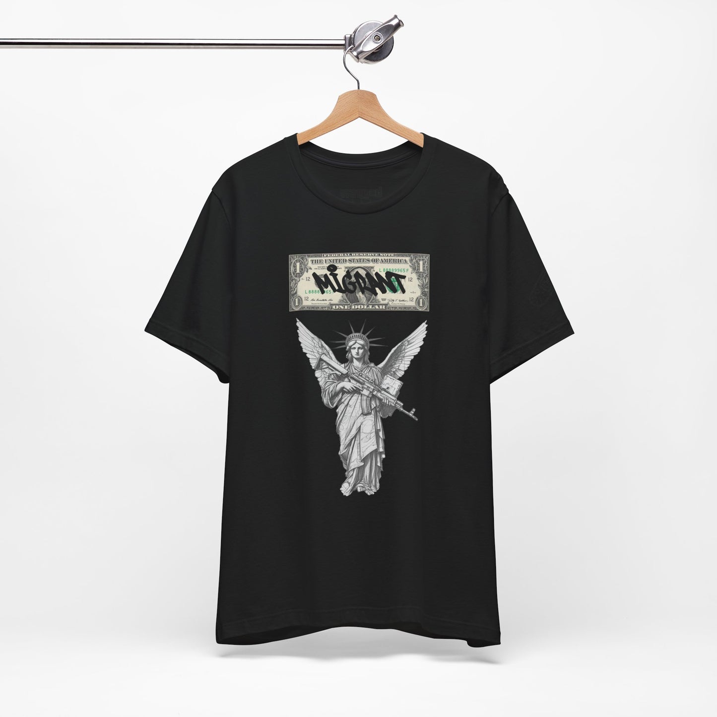 Statue of Liberty Angel Tee — 'MIGRANTS' Dollar Graphic Short Sleeve