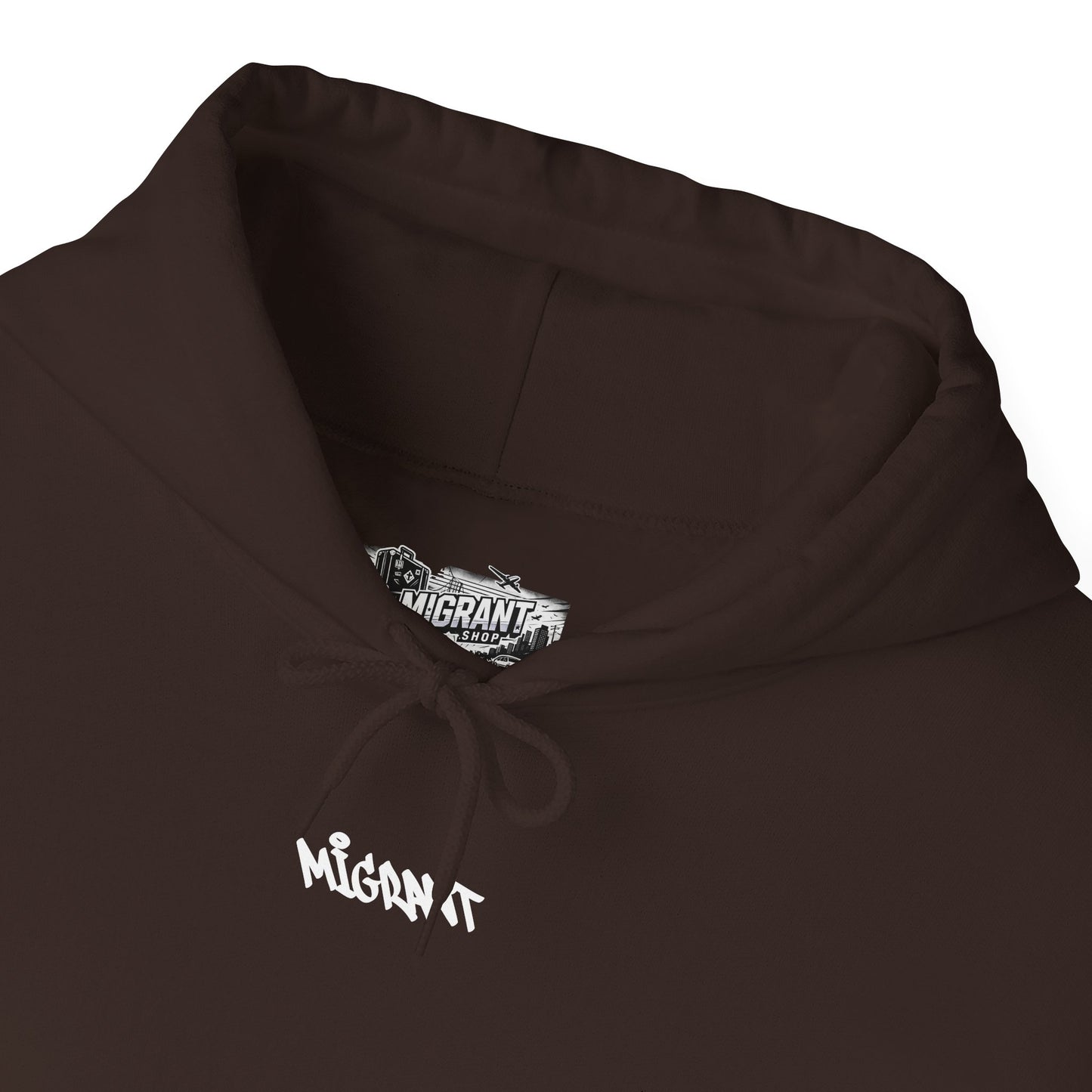 Hoodie • Circular 'Mugman Shop' Collage Logo Back — Minimal Chest Script