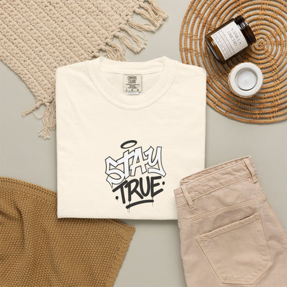 T-Shirt — 'Stay True' Graffiti Skate Tee with 'Fuck the System' Back Accent