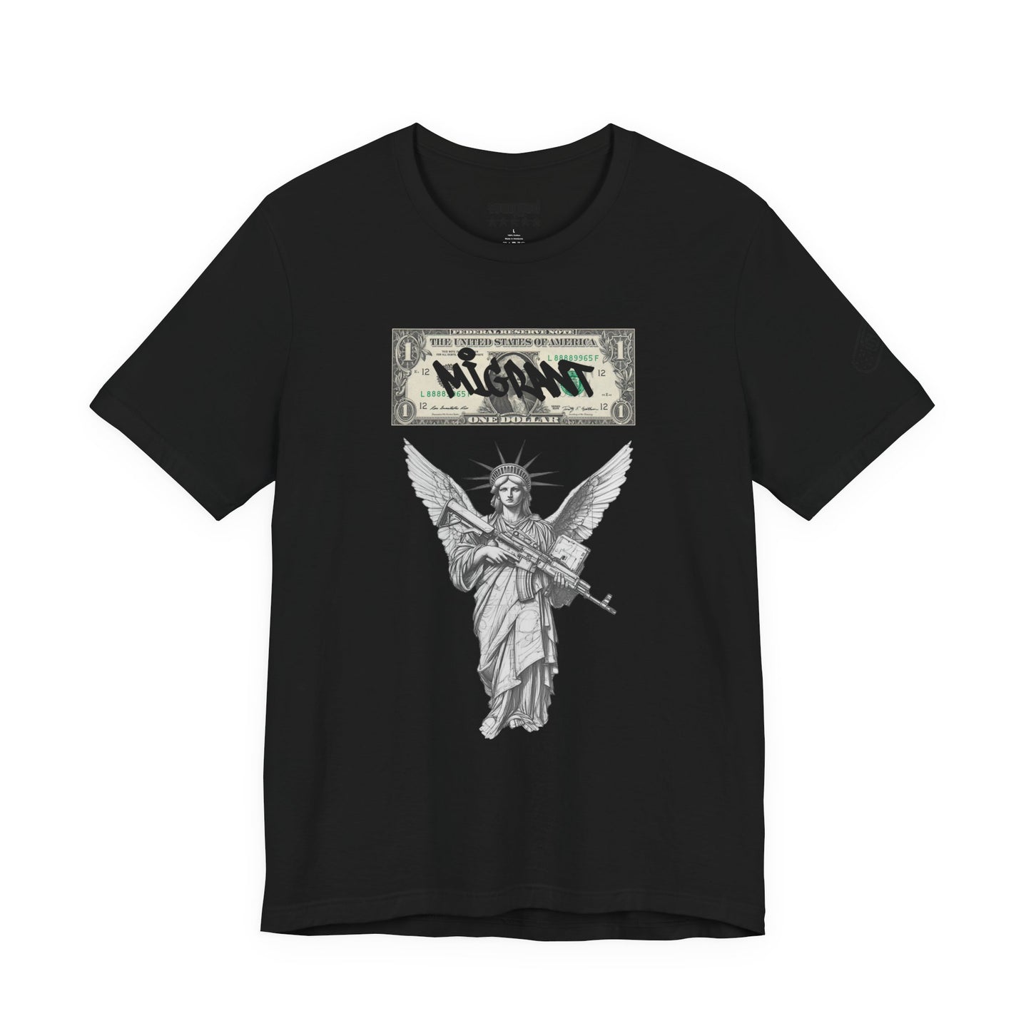 Statue of Liberty Angel Tee — 'MIGRANTS' Dollar Graphic Short Sleeve