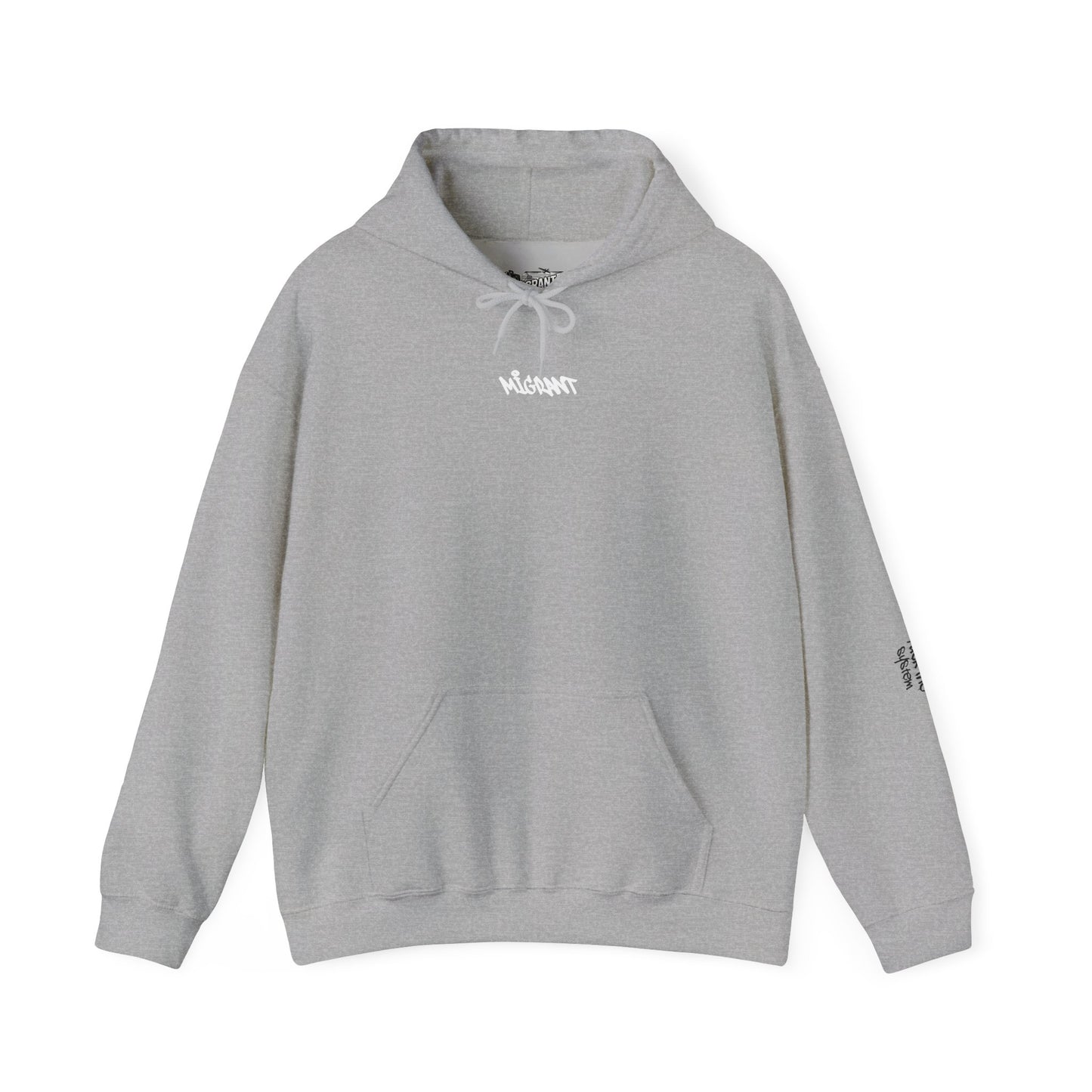 Hoodie • Circular 'Mugman Shop' Collage Logo Back — Minimal Chest Script