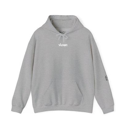 Hoodie • Circular 'Mugman Shop' Collage Logo Back — Minimal Chest Script