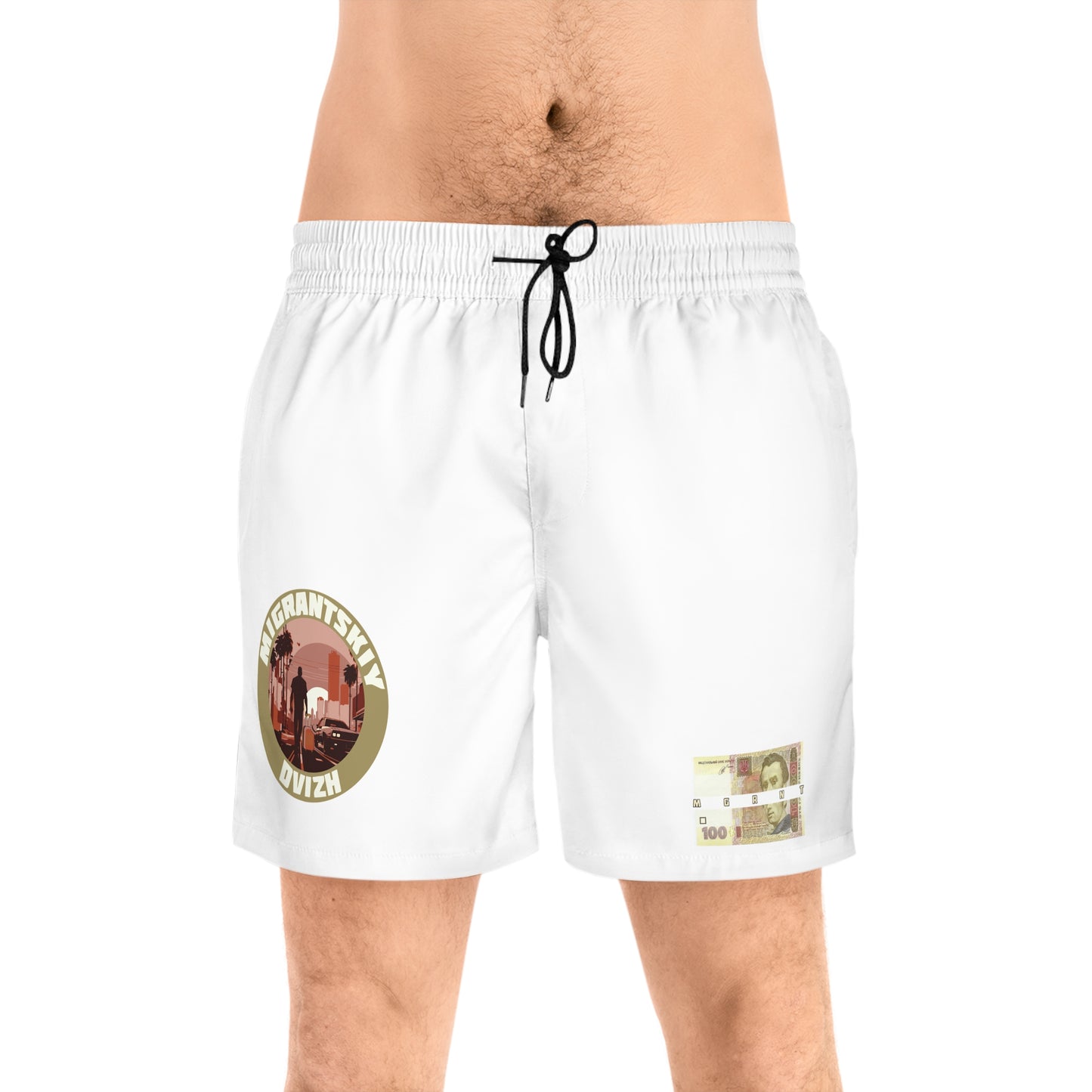 Money Patch Swim Shorts — Mens Mid-Length Beach Trunks with Retro Emblem