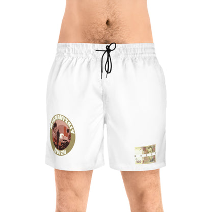 Money Patch Swim Shorts — Mens Mid-Length Beach Trunks with Retro Emblem