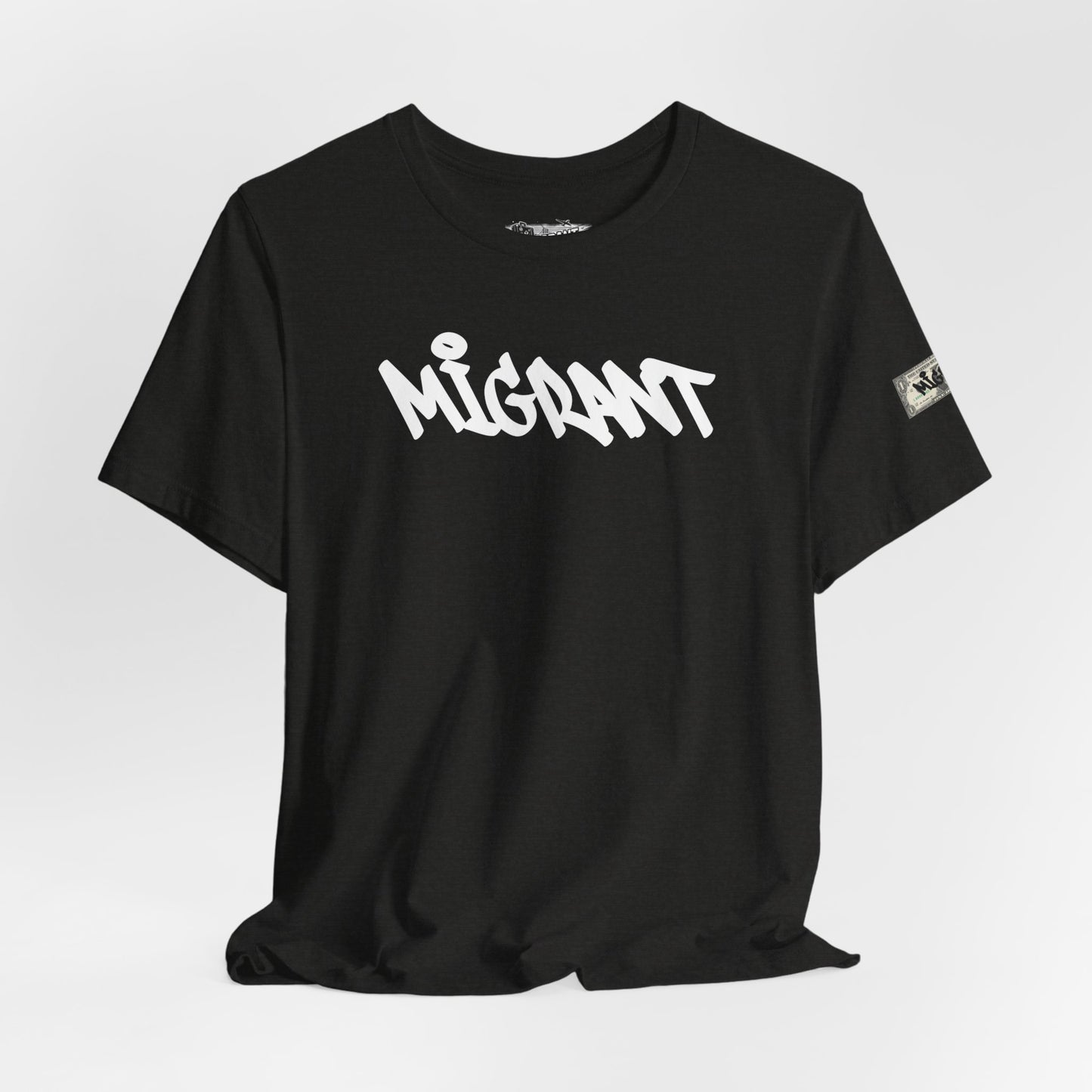 T-Shirt — 'Migrant' Graffiti Urban Photo Tee (Back: 'Where's The Smiles Not Dead')