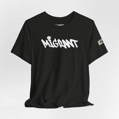 T-Shirt — 'Migrant' Graffiti Urban Photo Tee (Back: 'Where's The Smiles Not Dead')