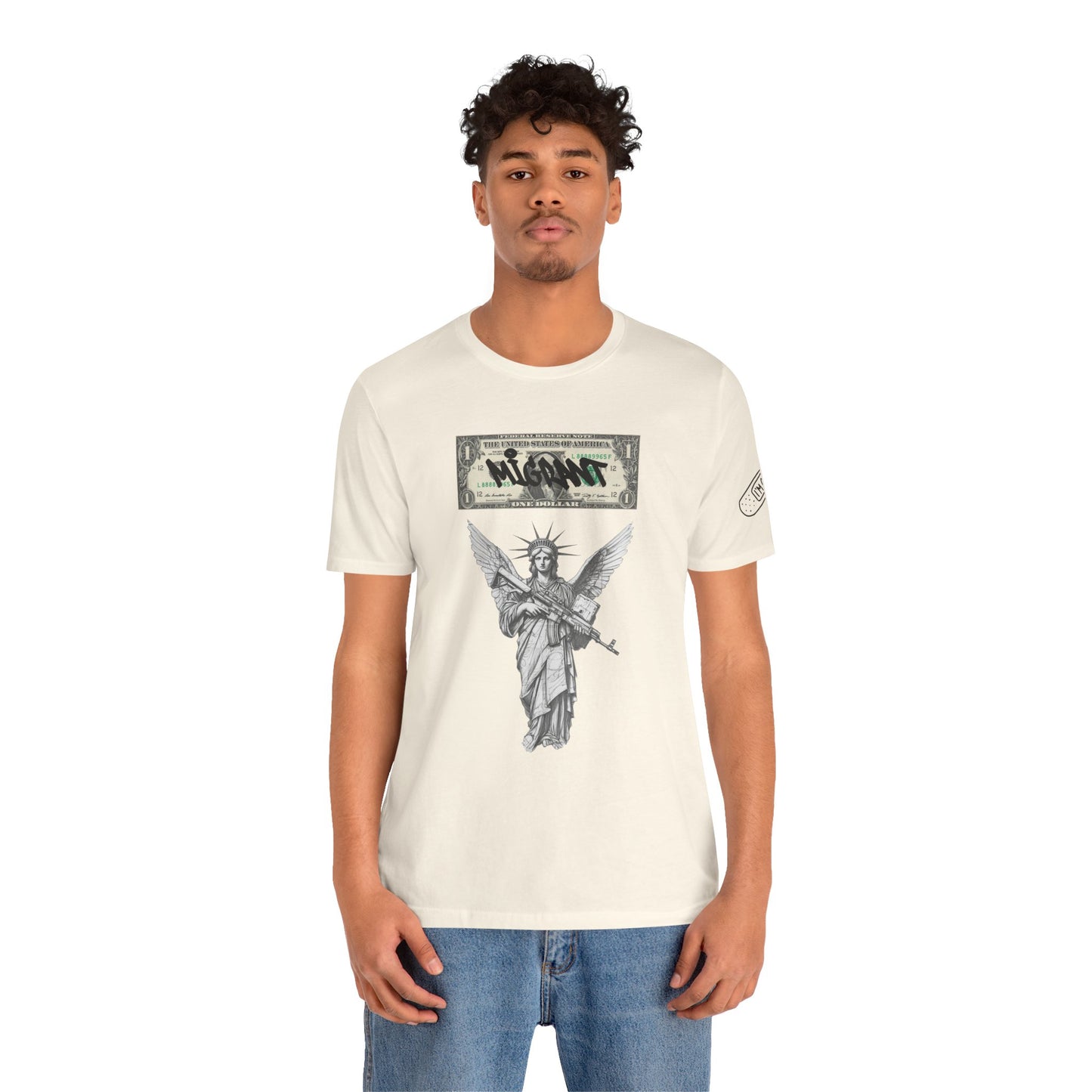 Statue of Liberty Angel Tee — 'MIGRANTS' Dollar Graphic Short Sleeve
